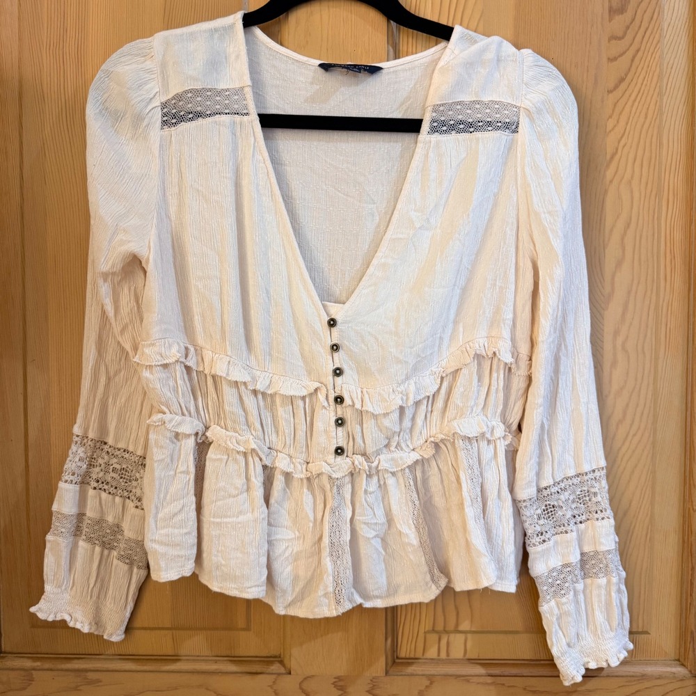 American Eagle Peasant Blouse Small Cream Lace Ruffle Boho V-Neck Top